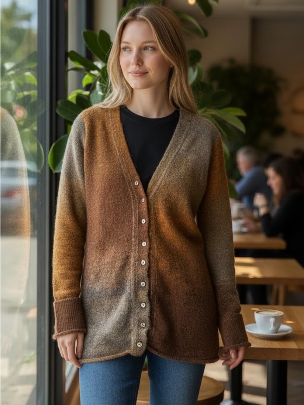 Cozy Two-Tone Knit Mohair Cardigan in Brown and Gray Size Small